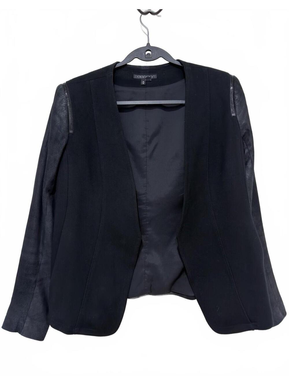 Theory Isa Classic Black Open Front Blazer Women’s M Contrast Sleeve Jacket